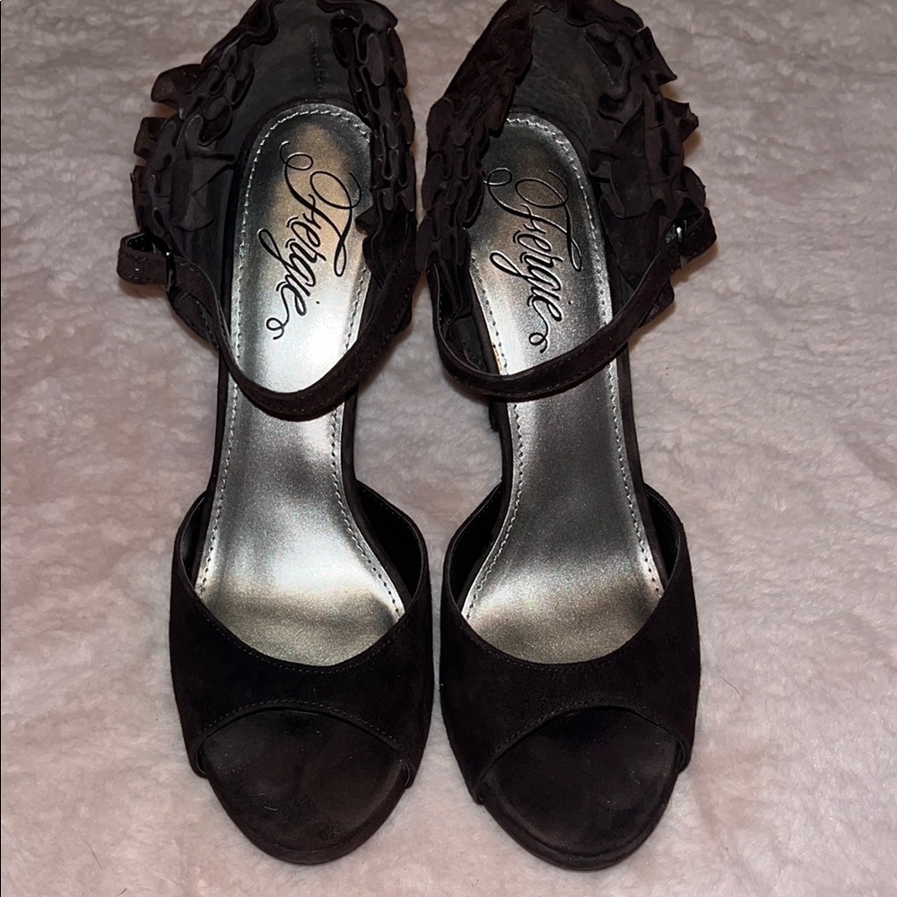 Fergie Brown Heels Classic Strap Design suede ruffles design